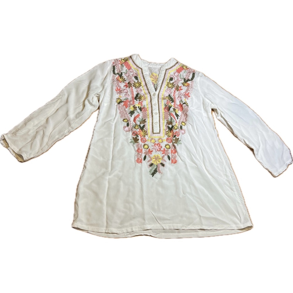 Solitaire Embroidered Tunic Top White Floral Roll-Up Cottage Beachy Blouse Small